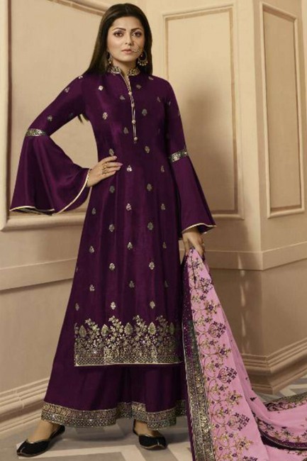Wine  Georgette and satin Sharara Suits