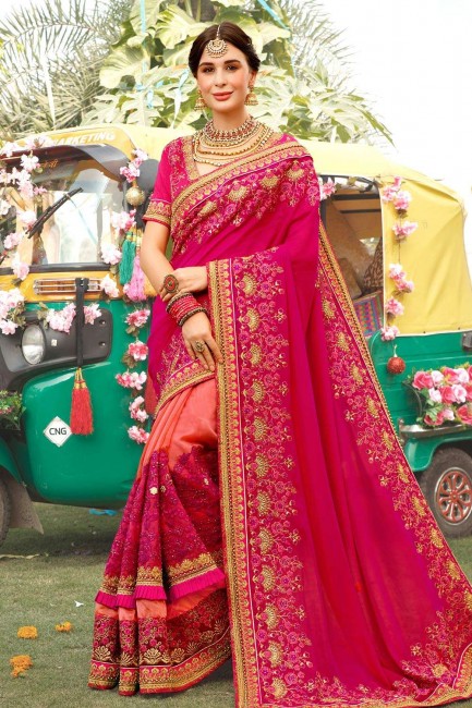 Rani pink & light orange  Silk  saree