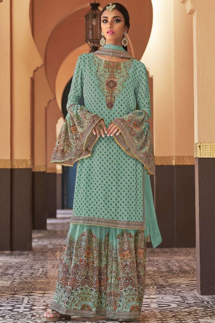 Turquoise blue Georgette Sharara Suits