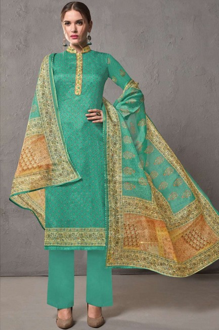Sea green Cotton and silk Palazzo Suits