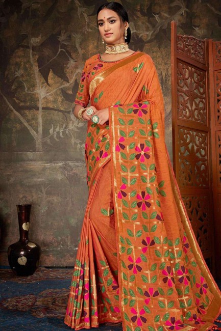 Orange Linen and silk saree