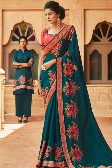 Teal blue Georgette and satin saree