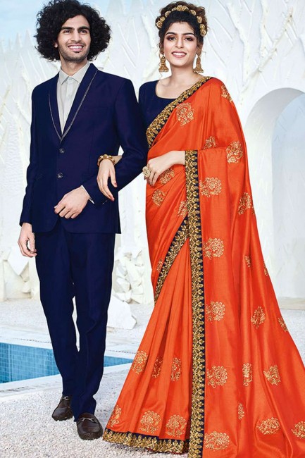 Designer Orange Art silk saree