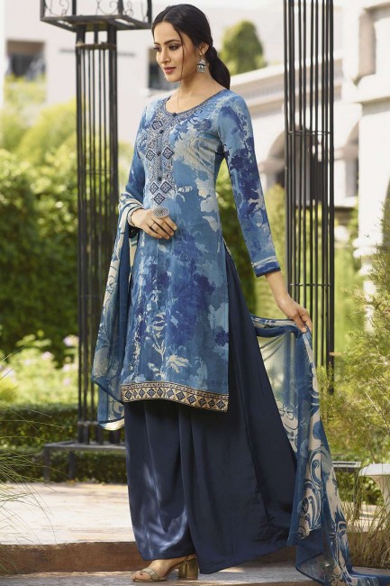 Blue Crepe Palazzo Suits