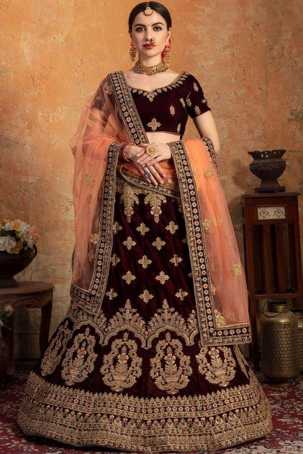 Splendid Dark maroon Velvet Bridal Lehenga Choli