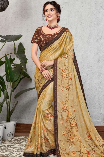 Light yellow Georgette and silk  saree