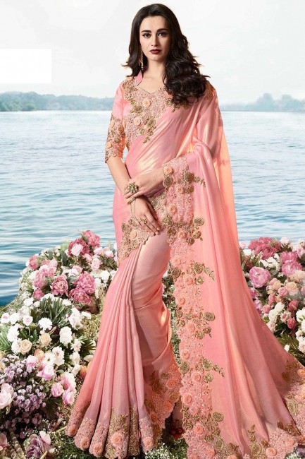 Pink Silk and tissue saree