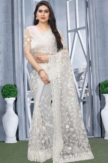 Adorable White Net saree
