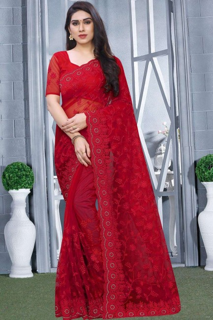 Modish Red Net saree