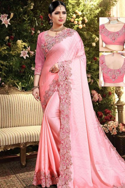 Pink Georgette and satin  saree