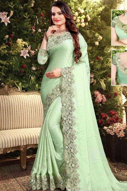 Pastel green Georgette and satin  saree