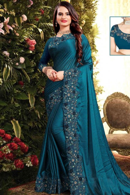 Enticing Blue Georgette and silk saree