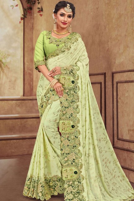 Latest Light green Georgette and satin saree