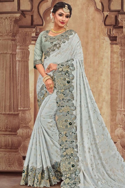 Lovely Grey Georgette and silk saree