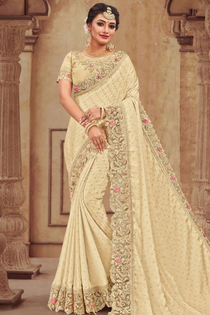 Lovely Cream Georgette and satin saree