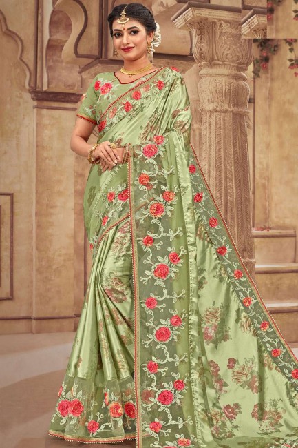 Olive green Georgette and satin  saree