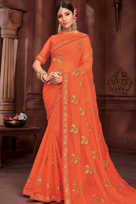 Adorable Orange Chiffon saree