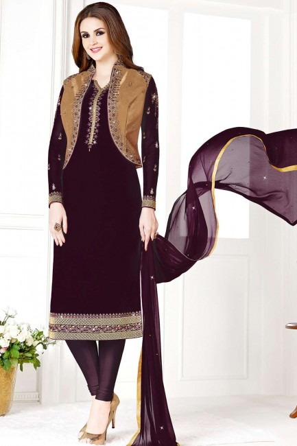 Dark purple golden Georgette and art silk Churidar Suit