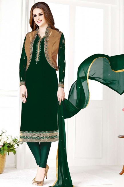 Dark green golden Georgette and art silk Churidar Suit