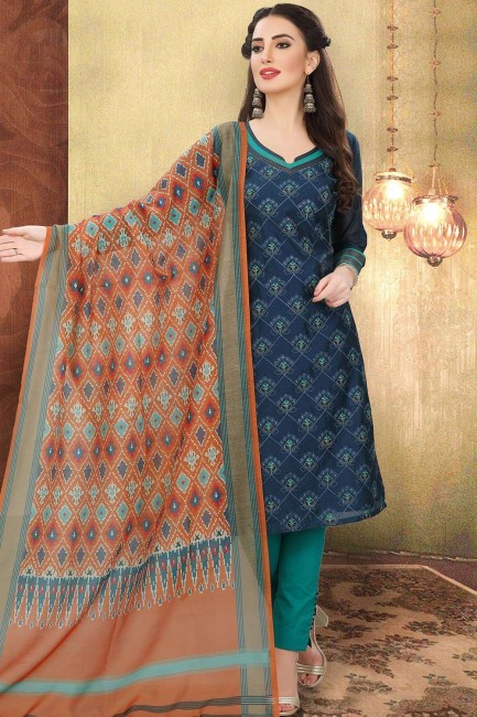 Latest Blue Chanderi and silk Straight Pant Suit