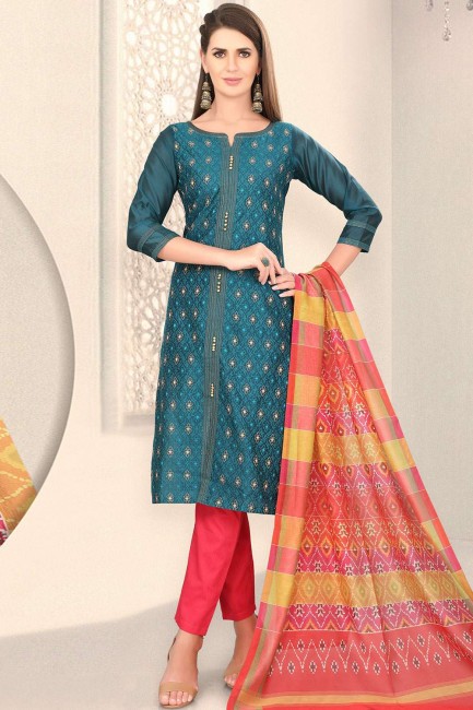 Teal blue Chanderi and silk Straight Pant Suit