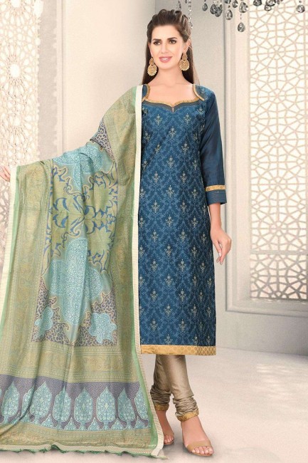Divine Blue Chanderi and silk Churidar Suit
