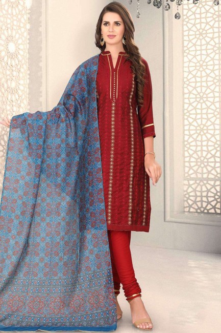 Red Chanderi and silk Churidar Suit