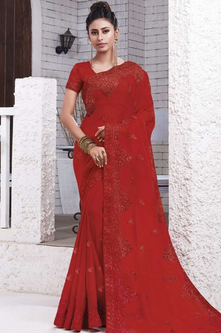 Attractive Red Chiffon saree