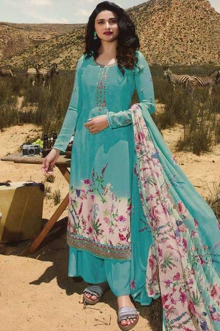 Turquoise blue Crepe Palazzo Suit