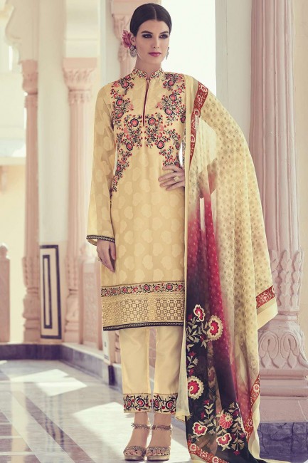 Cream Georgette and jacquard Straight Pant Suit