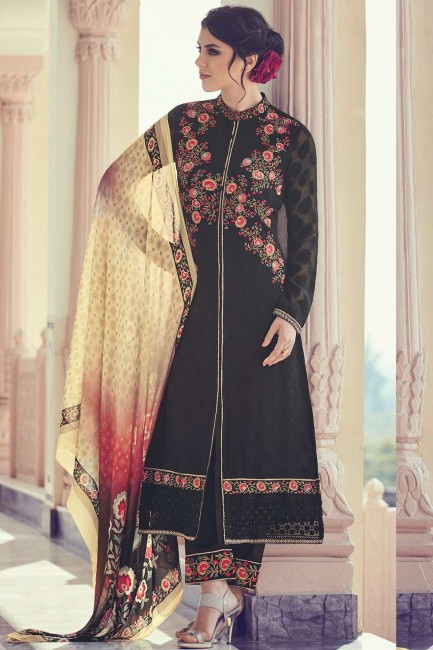 Black Georgette and jacquard Straight Pant Suit