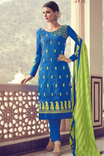 Royal blue Georgette and jacquard Straight Pant Suit