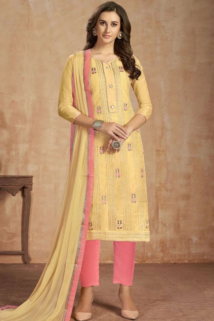 Yellow Cotton Straight Pant Suit
