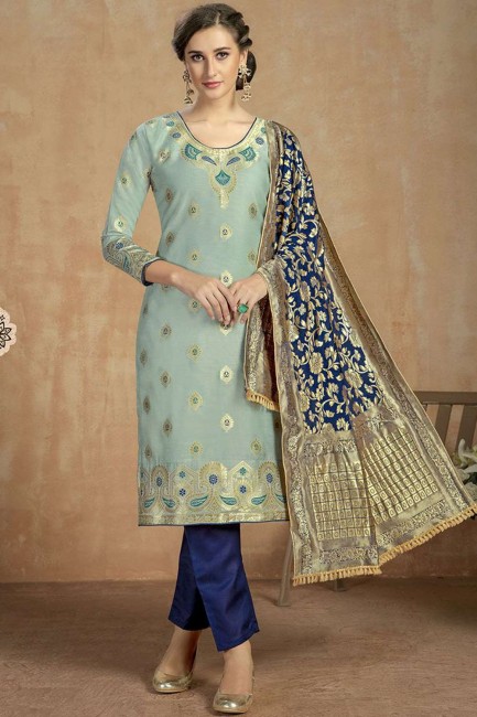 Steel blue Cotton and jacquard Straight Pant Suit