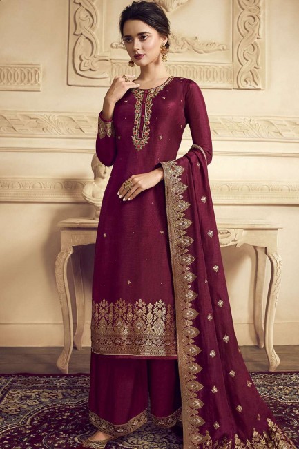 Maroon Satin and silk Palazzo Suit