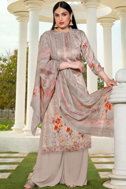 Trendy Grey Cotton and silk Palazzo Suit