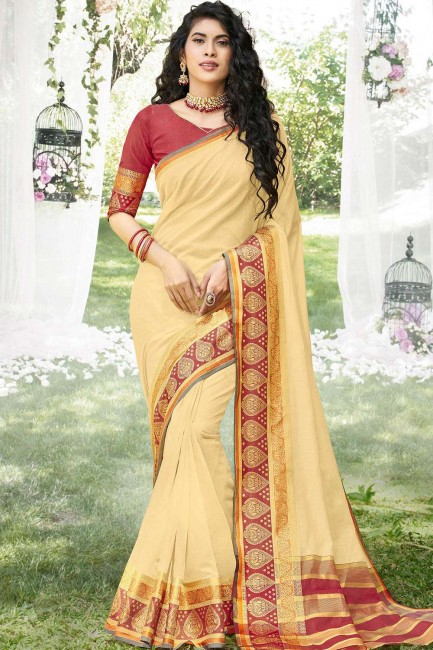 Light yellow Khadi and silk  South Indian Saree