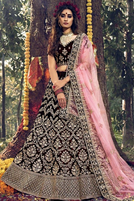Gorgeous Dark maroon Velvet Bridal Lehenga Choli