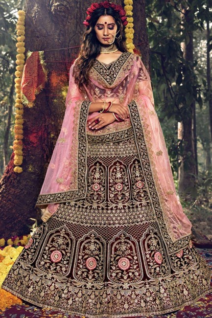 Exquisite Dark maroon Velvet Bridal Lehenga Choli