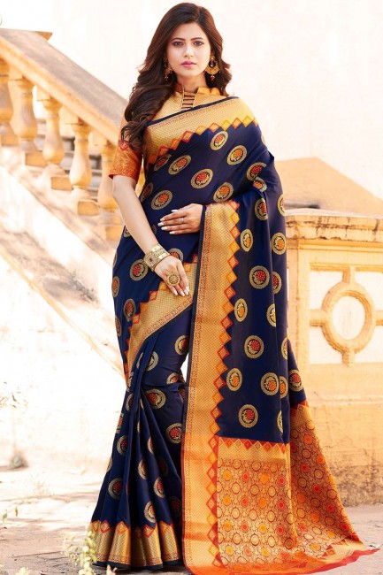 Alluring Navy blue Art silk Banarasi Saree