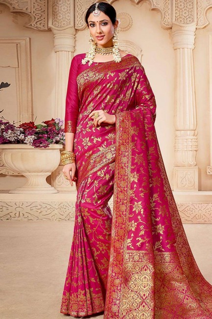 Fascinating Dark pink Silk Banarasi Saree