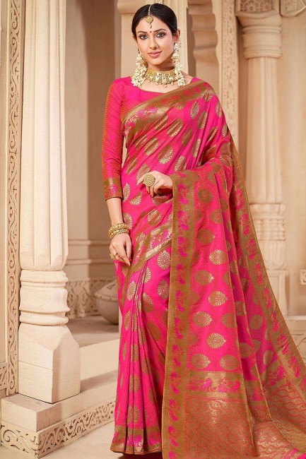 Rani pink Silk  Banarasi Saree