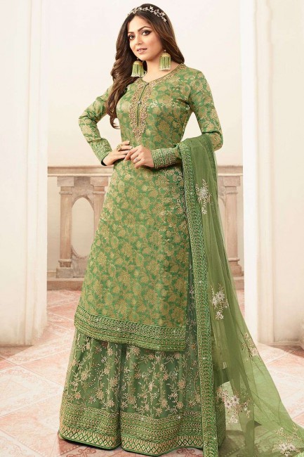 Green Jacquard and silk Sharara Suit