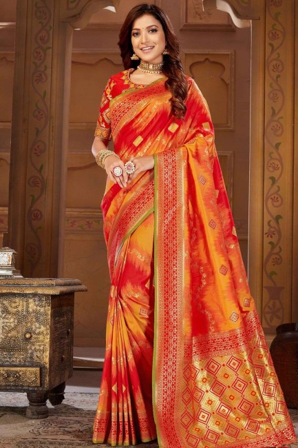 Orange,red Jacquard and silk  South Indian Saree
