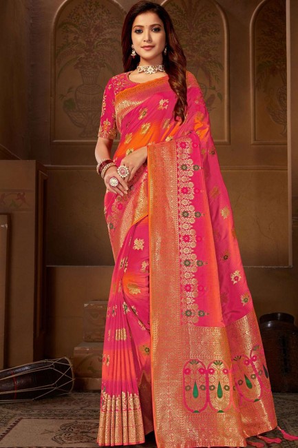 Dark pink Jacquard and silk South Indian Saree