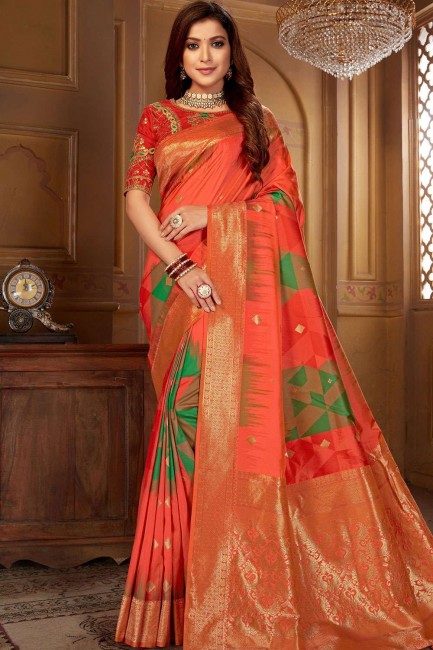 Contemporary Orange Jacquard and silk South Indian Saree