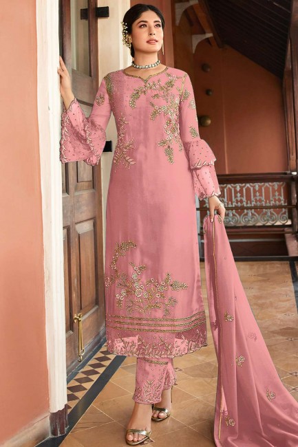 Pink Satin georgette Straight Pant Suit