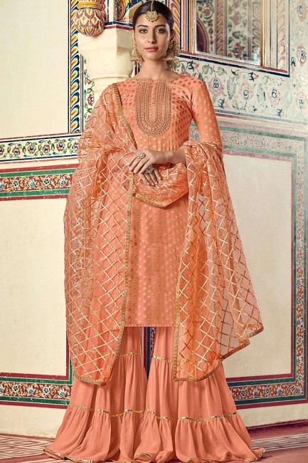 Peach Georgette and jacquard Sharara Suit