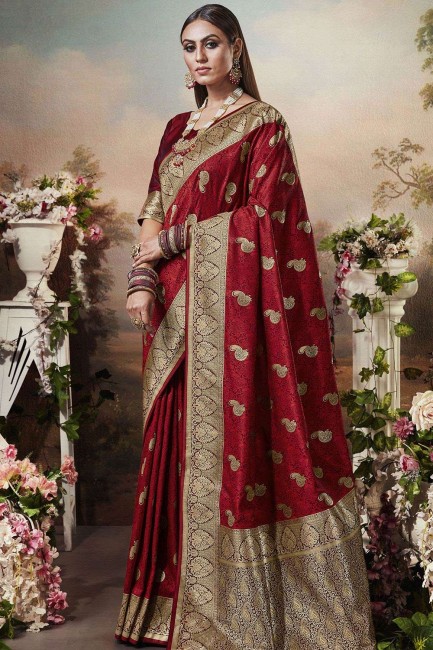 Stylish Red Banarasi raw silk Saree