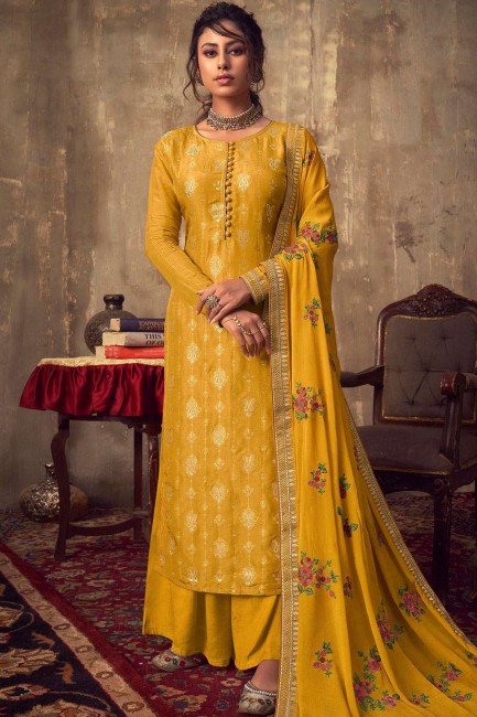 Mustard yellow Jacquard and silk Sharara Suit